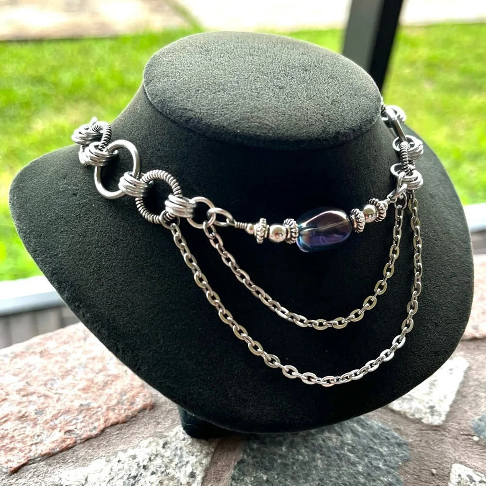 Handmade maille choker necklace blue purple aura crystal stainless steel chain - Picture 5 of 14
